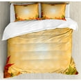 thumbnail image 1 of Harvest Duvet Cover Set King Size, Striped Dotted Background and Vibrant Maple Aspen Oak Leaves Seasonal Nature, Decorative 3 Piece Bedding Set with 2 Pillow Shams, Red Green Orange, by Ambesonne, 1 of 3