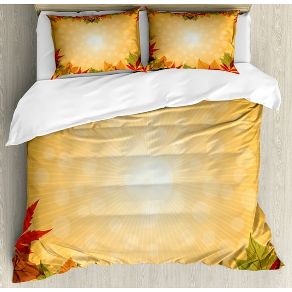 Harvest Duvet Cover Set King Size, Striped Dotted Background and Vibrant Maple Aspen Oak Leaves Seasonal Nature, Decorative 3 Piece Bedding Set with 2 Pillow Shams, Red Green Orange, by Ambesonne