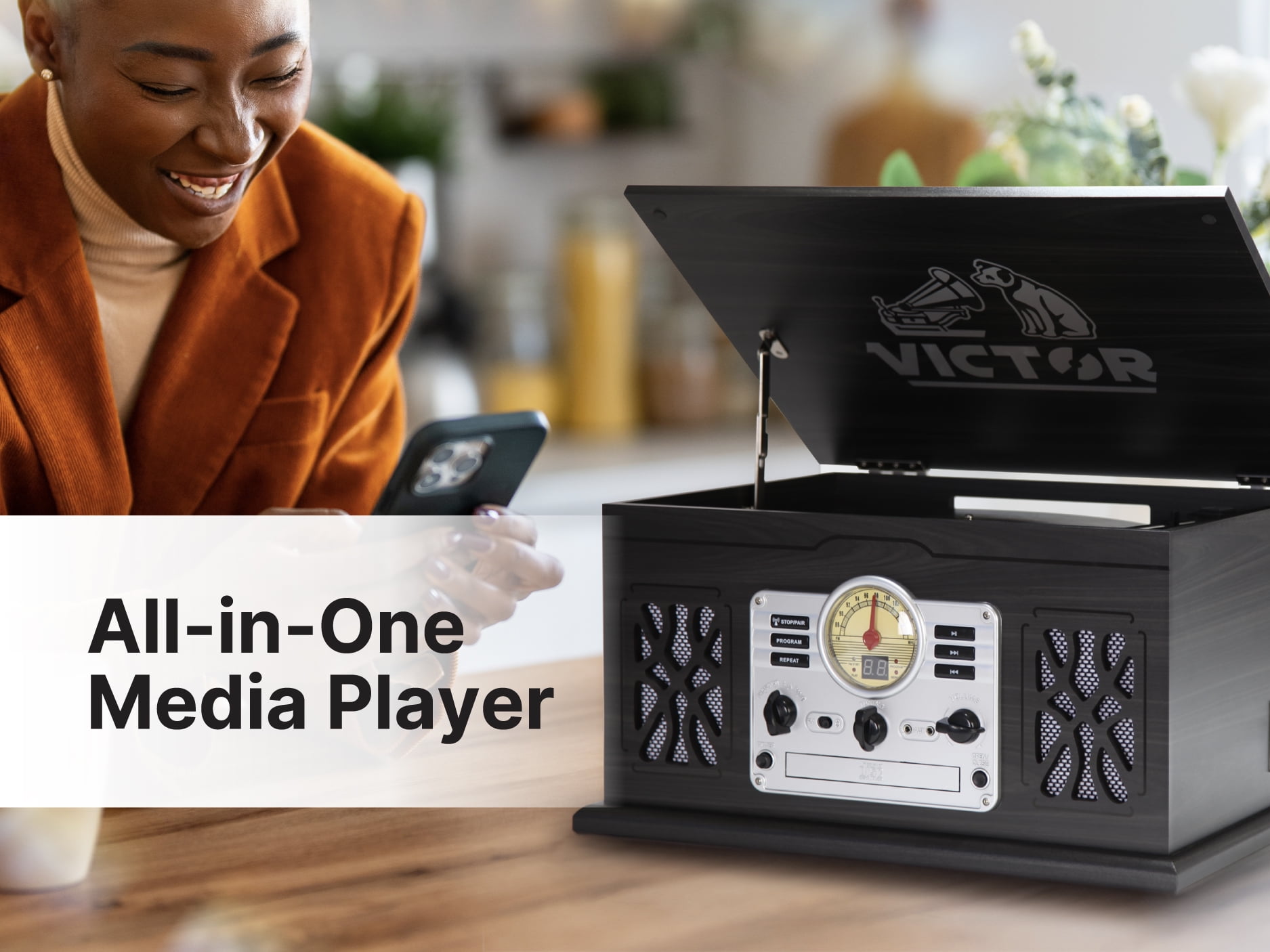 VICTOR State 7-in-1 Turntable Music Center with 3-Speed Record
