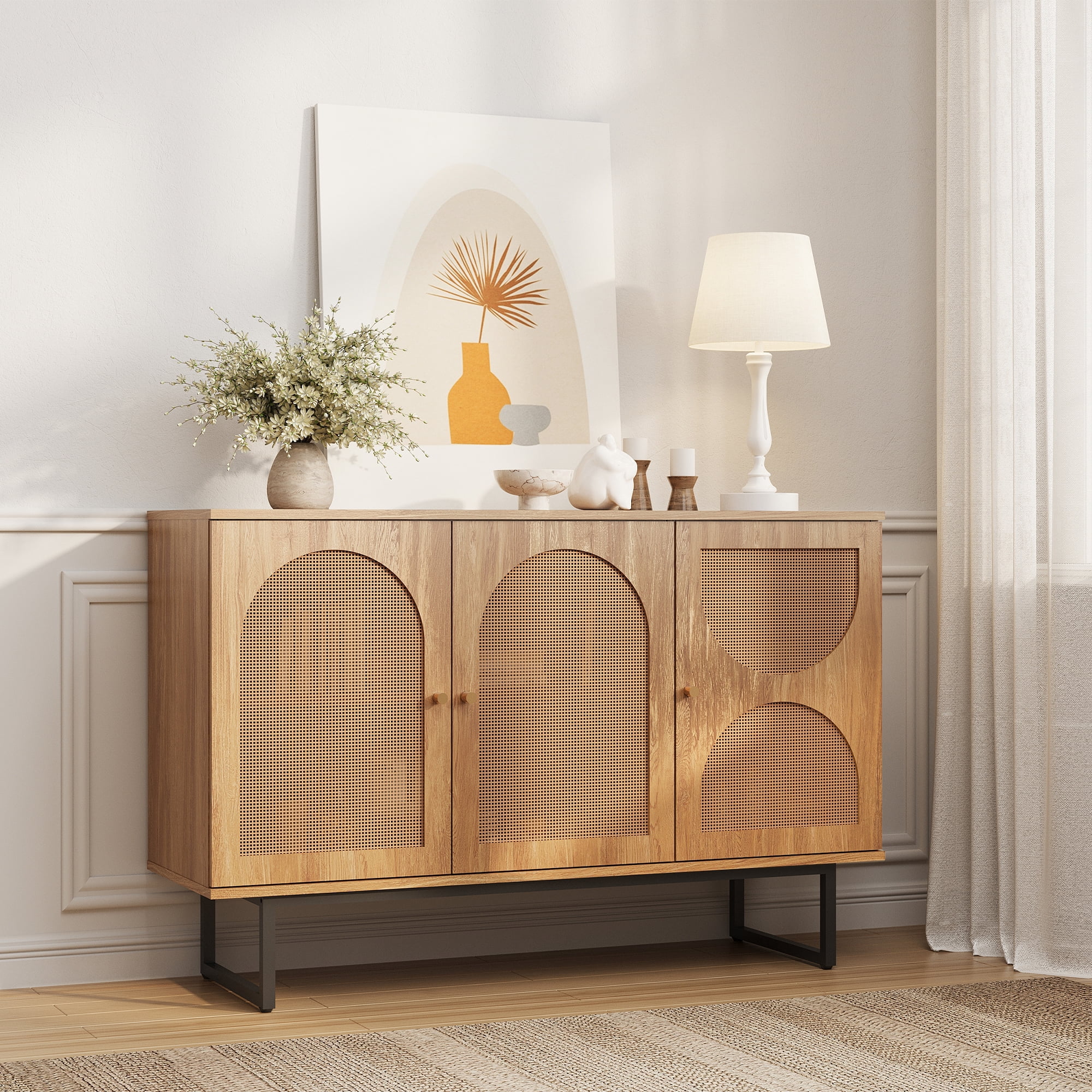 Sideboard Buffet Cabinet with 3 Rattan Doors, 47.2” Kitchen Storage Cabinet with Adjustable Shelf and Metal Legs for Dining Living Room, Hallway, Entryway, Beige