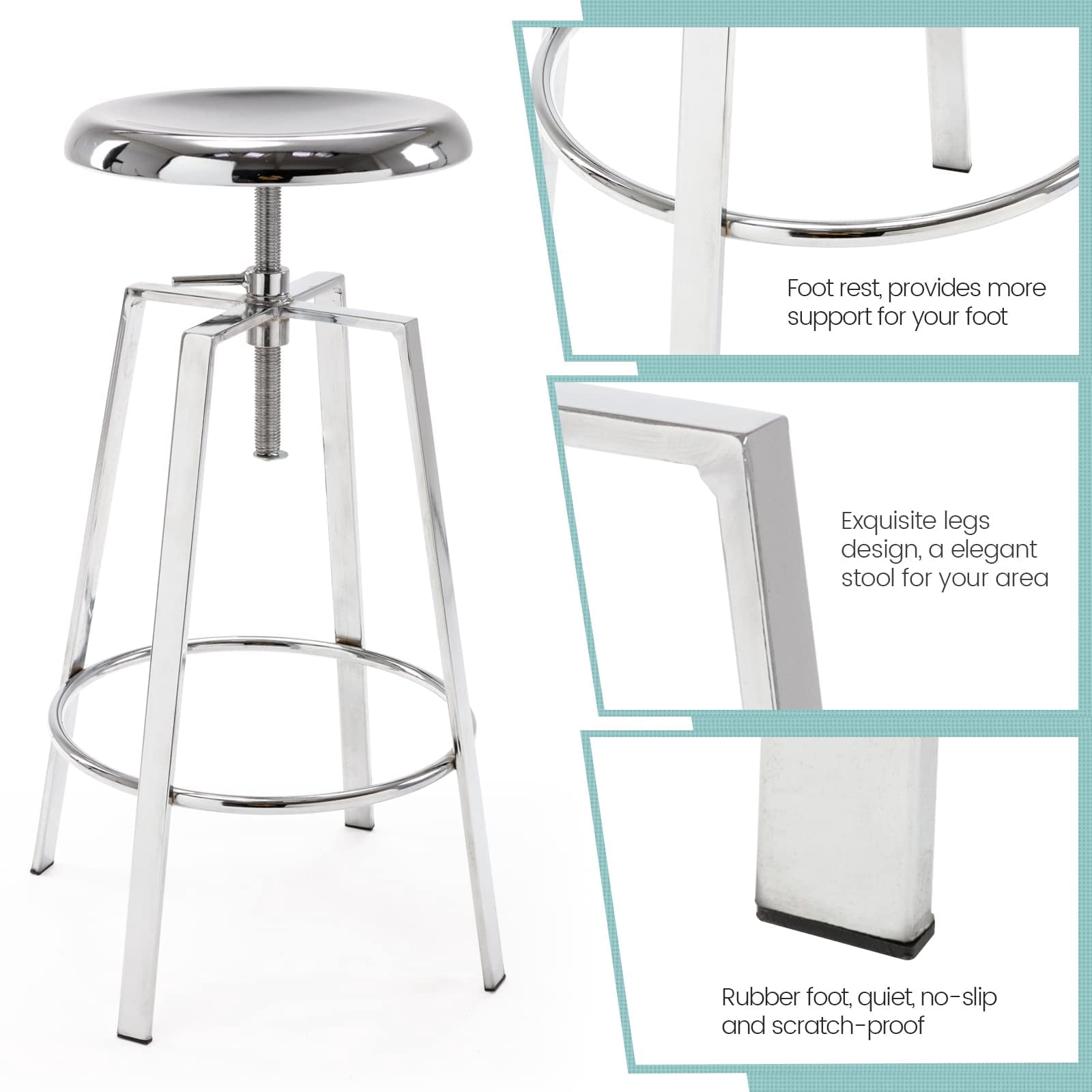 Chrome Bar Stools Set of 2, Backless Counter Height Swivel Bar Stools for Kitchen Island, Modern Round Barstools Counter Stool (Chrome)