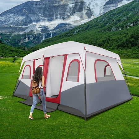 Camping Tent, 8-12 Person Family Camping Tent 2 Rooms + 1 Living Room, Silver Coating, Outdoor Tents for Camping Hiking with Carry Bag, Durable 210D Oxford Cloth