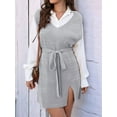 thumbnail image 2 of Womens Sweater Vest Dress Pattern Knitted Pullovers Sweaters V Neck Tie Waist Tank Sweater Dress Light Gray S, 2 of 8