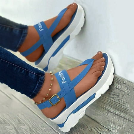 

Mishuowoti sandals for women 2023 Ladies Fashion Flock Wedge Heel Pinch Toe Platform Buckle Roman Sandals