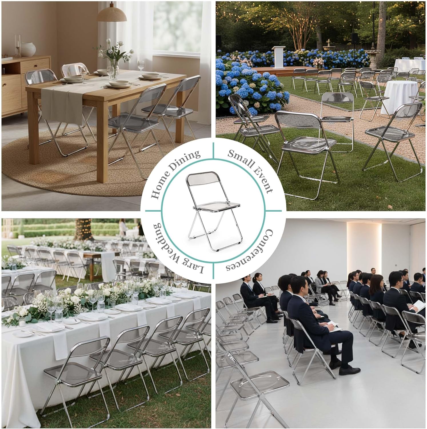 EventStable Clear Acrylic Folding Chair with Electroplate Chrome Frame, Lightweight Portable Seating Stackable Comfortable Chair for Indoor Outdoor Dining, Events & Parties - Clear - 4-Pack