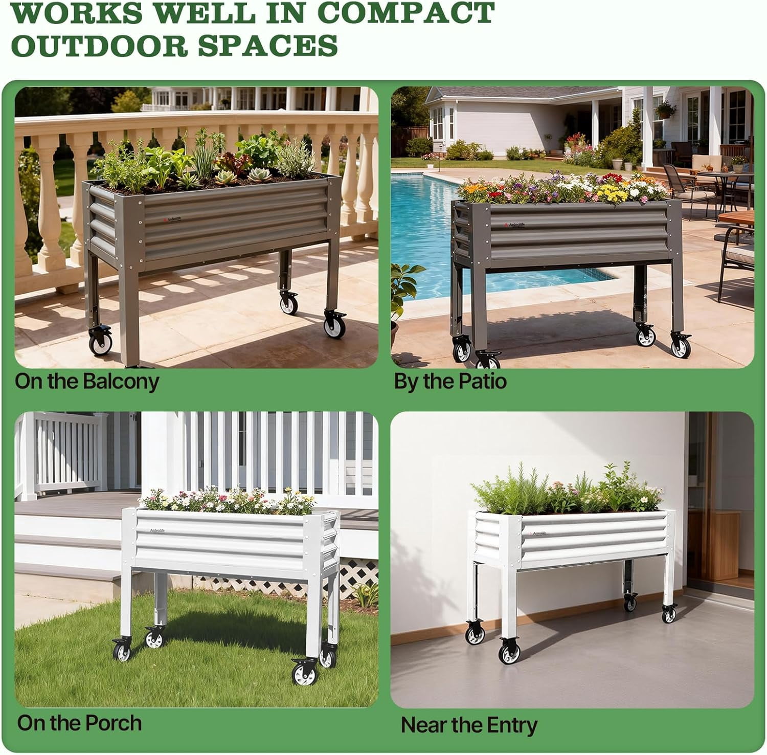 A ANLEOLIFE Elevated Raised Garden Bed with Lockable Wheels, 48x18x35 in Galvanized Steel Planter Box with Legs, Waist-High Design, Reinforced Frame for Balcony, Patio & Porch, Quartz Grey