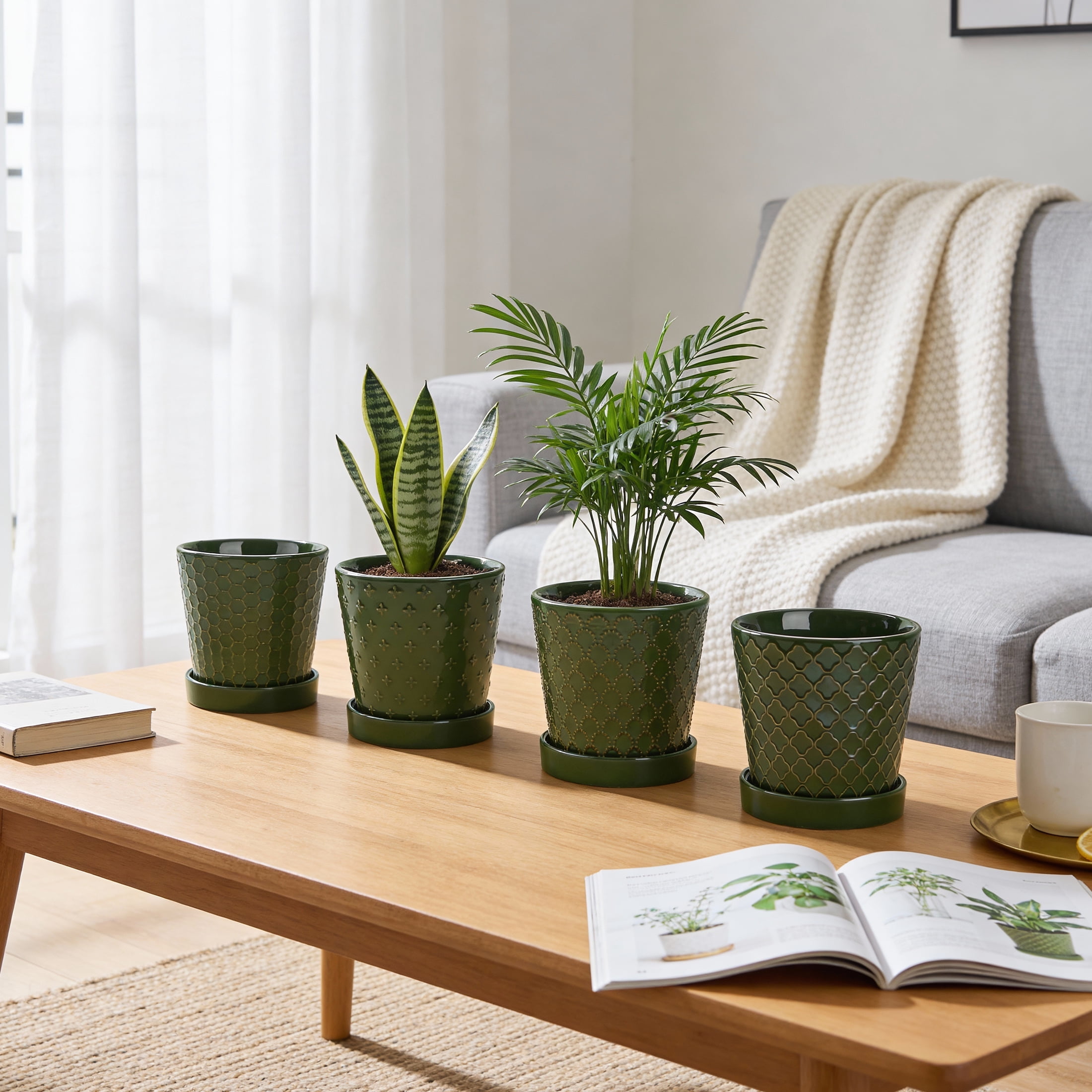 EFISPSS 5 inch Blackish Green Ceramic Plant Pots with Drainage Holes and Tray, 4-Pack Indoor Flower Pots for Herbs, Cactus, Home & Office Decor