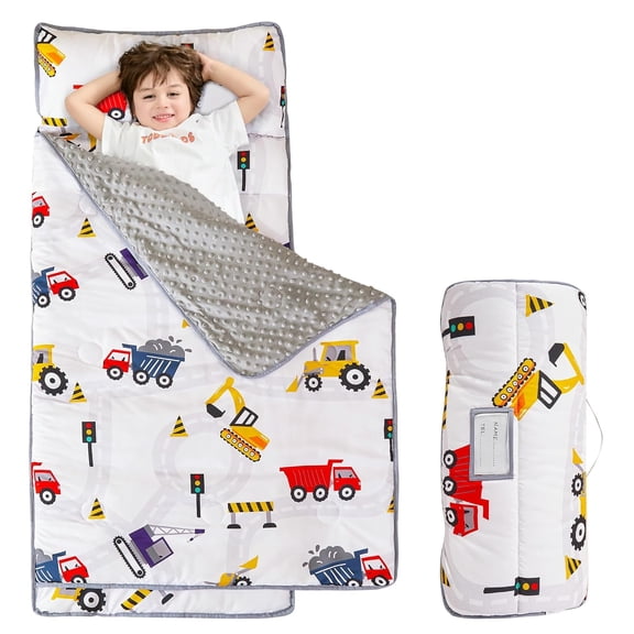 Softan Toddler Kid Nap Mat for Preschool, Boys Car Truck Slumber Bag, Daycare Sleeping Bag with Pillow and Blanket, Kindergarten Sleep Mat