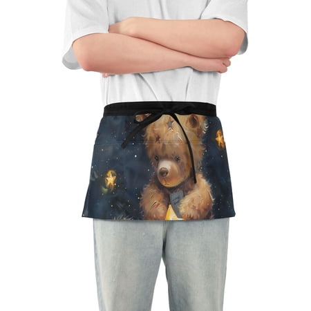 Stars Teddy Bear Waist Apron Adjustable Server Half Apron Kitchen Cooking with 3 Pockets for Men Women