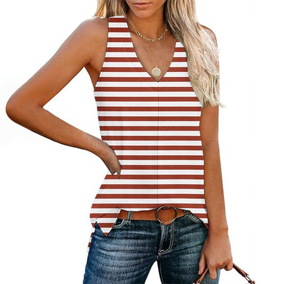 DAFPZW Womens Striped Tank Tops Summer Shirts Sleeveless Camisole Trendy V-Neck Side Slit Casual Camis Tunic Tee Blouse