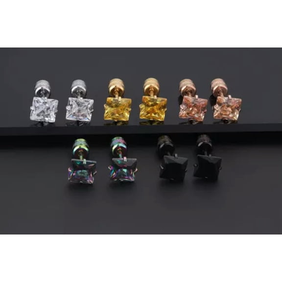 HOOUN Surgical Steel Square CZ Crystal Ear Stud Earrings Screw Back Jewelry Women Men-3mm-Silver