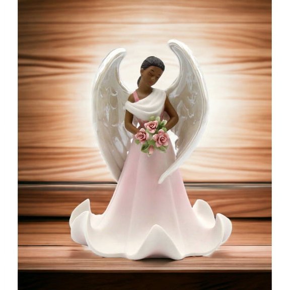 Ceramic African American Angel with Flowers Figurine Home Decor Religious Decor Religious Gift Church Decor,