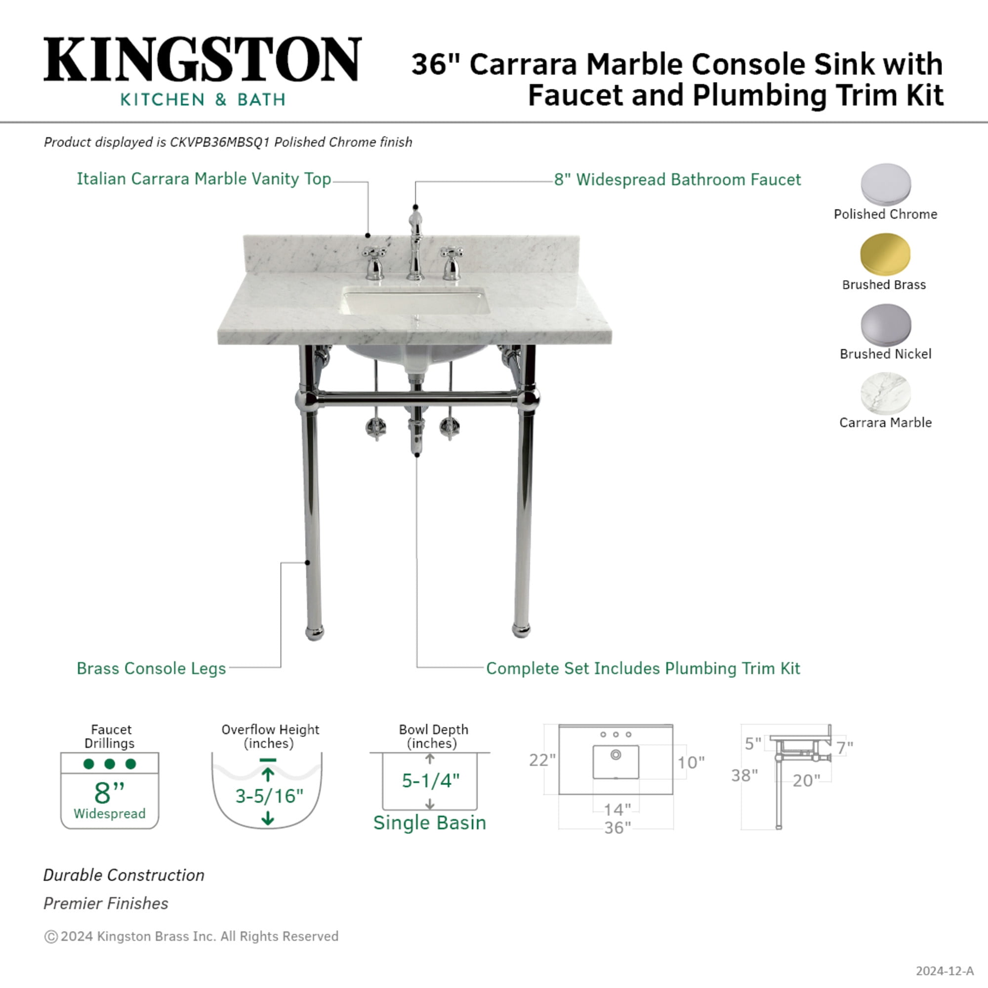 Kingston Brass CKVPB36MBSQ7 Templeton 36" Carrara Marble Console Sink Set with Widespread Bathroom Faucet and Plumbing Trim Kit (8-Inch, 3-Hole), Carrara Marble White/Brushed Brass