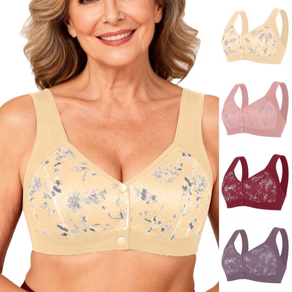 Byworldtasic Plus Size Front Closure Floral Bra for Women Wirefree Breathable Cotton Wide Strap Comfort Everyday Sleep Bra