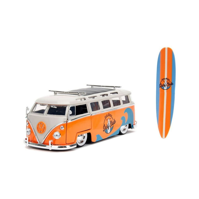 1962 Volkswagen Bus w/ Roof Rack and Surfboard, Orange - Jada Toys