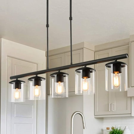

ZXNYH Black Farmhouse Chandelier 5-Light Island Lights for Kitchen in Metal Finish with Clear Glass Shades 37 Dining Room Chandelier Linear Pendant Lighting for Foyer Bar Pool Table