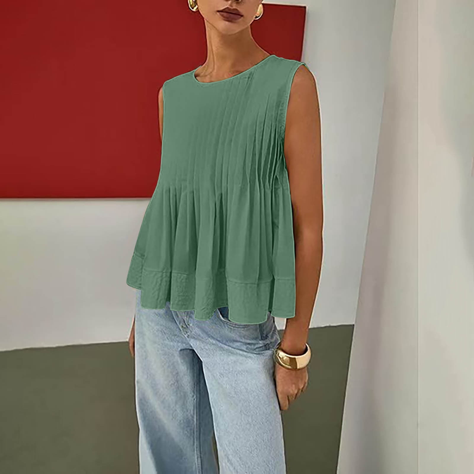 Womens Summer Pleated Peplum Sleeveless Solid Blouse Tank Tops Round Neck Y2K Babydoll Blouse Cotton Shirt