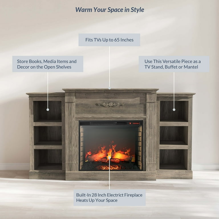 BELLEZE 70 Mantel TV Stand Entertainment Center For TVs up to 68 with 28  Fireplace - Lenore (Gray) - Walmart.com