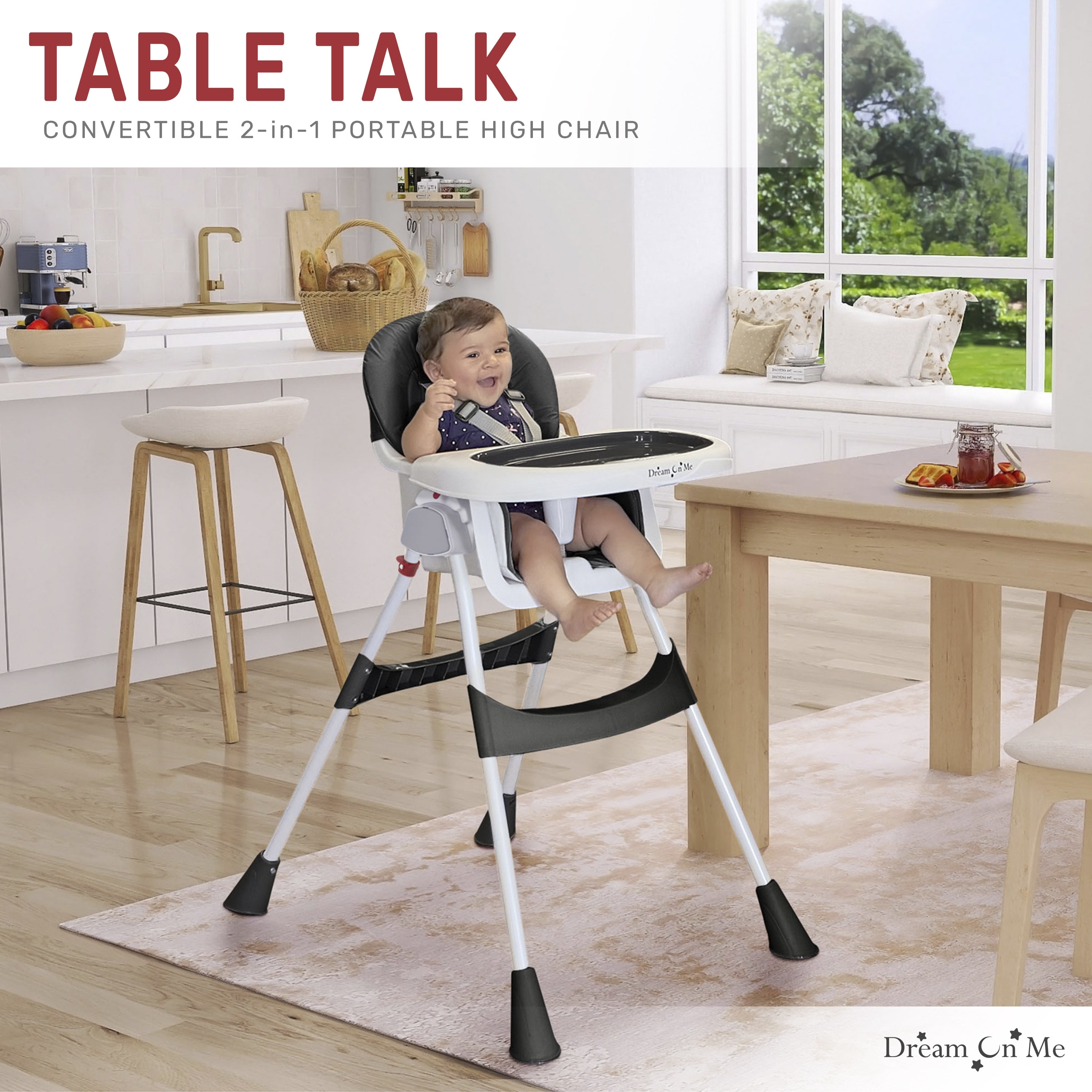 Dream On Me Portable 2-in-1 Table Talk Baby High Chair, Convertible, Compact and Light Weight, Black