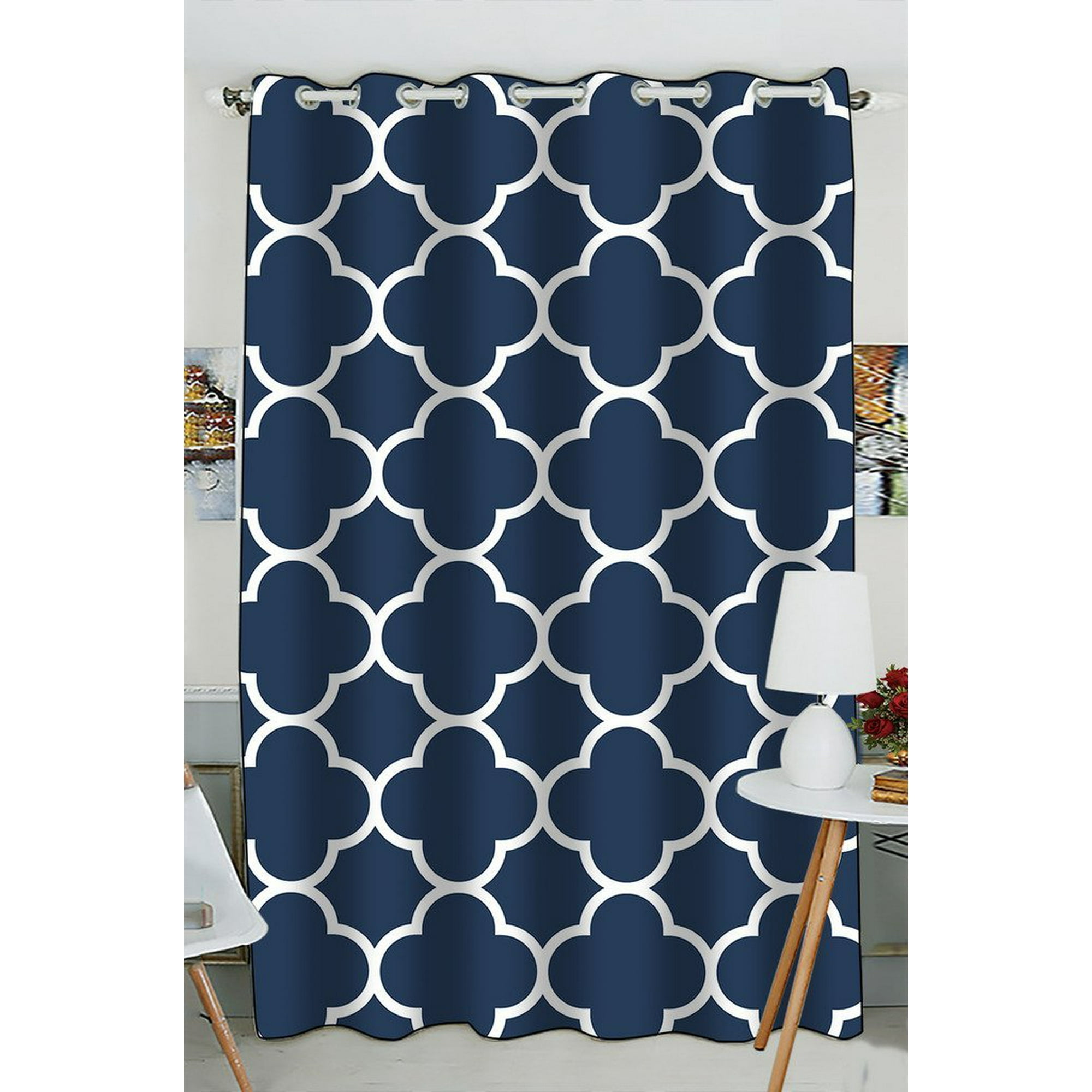 Gckg Classic Navy Blue Quatrefoil Window Curtain Kitchen Curtain