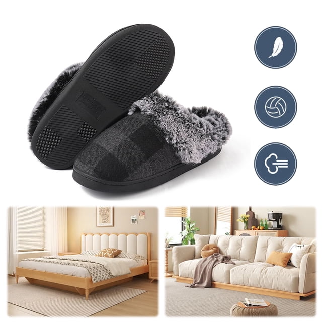 Zapatos pelaje para mujeres piel forradas cálidas casa cómoda anti-Slip sfuff interiores al aire libre