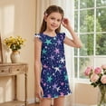 thumbnail image 4 of ZIATUBLES Girls Summer Casual Romper Button Round Neck Playsuit Outfit for Girl Kids 7-8 Y, Ruffle Sleeve Elastic Waist Design One-Piece Short Jumpsuit, Multicolor Star Print, 4 of 6