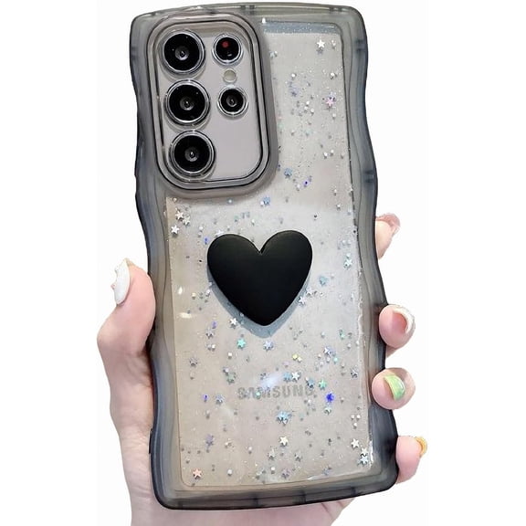Compatible with Samsung Galaxy S21 Ultra Cute 3D Love Heart Phone Case,Glitter Bling Clear S21 Ultra Case Curly Wave Frame Case Women Soft Shockproof Cover (Black, Samsung Galaxy S21 Ultra)