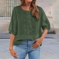 thumbnail image 2 of Htigea Cotton Linen Half Sleeve Shirt for Women Summer Crewneck Embroidery Beach Blouse Casual Loose Fit Everyday Tee Army Green L, 2 of 5