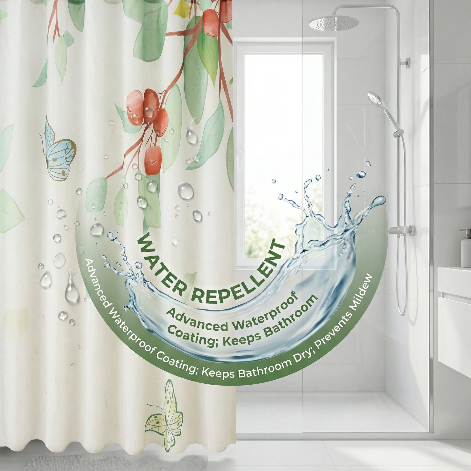 Unique Bargains Cute Print Shower Curtain Sets with Hooks Green Leaves 71"W x 71"L