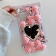 thumbnail image 2 of for iPhone 16 Pro Max Case Bling Diamond Case with Flower Strap, Glitter Sparkle Girly Heart Makeup Mirror Rhinestone 3D Pearl Rose Wrist Lanyard Bracelet Cover for iPhone 16 Pro Max (Pink), 2 of 12