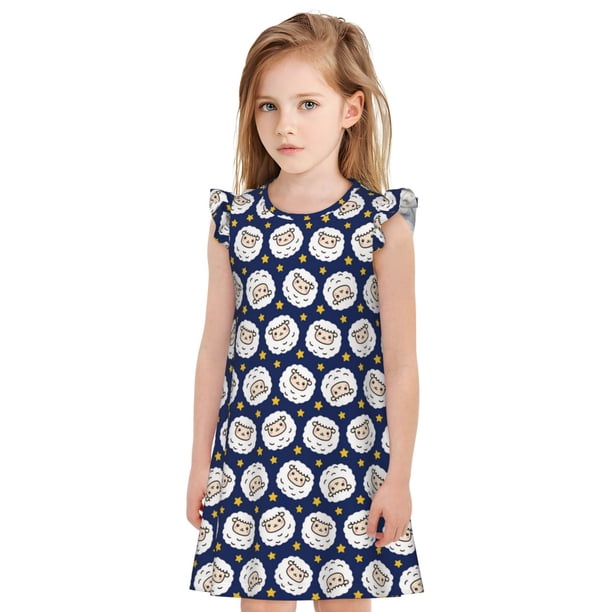 Fotbe Cute Sheep With Star Vestido de Dormir para Niñas de 3 a 10 Años, Mangas Cortas, Estilo Princesa, Pijama Camisón con Mangas Voladas-X-Large