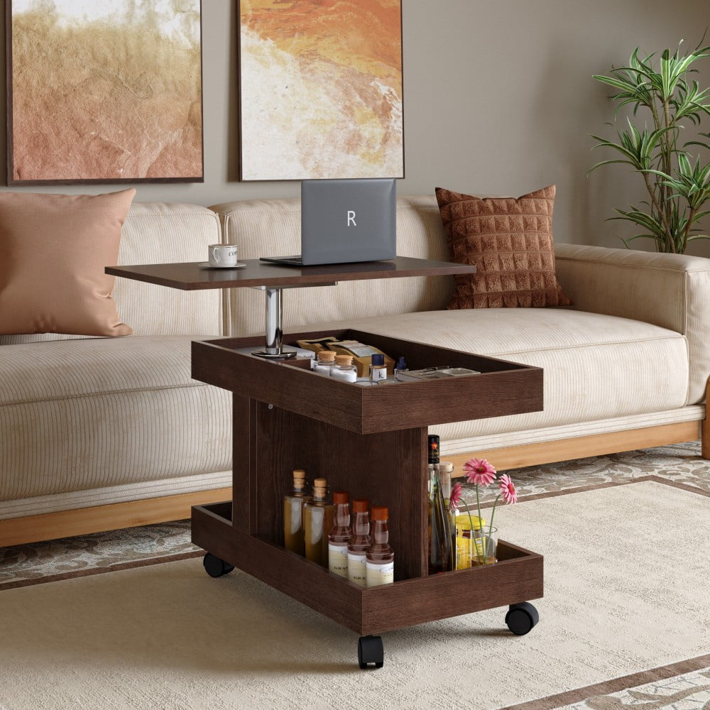 Small Coffee Table with Wheels, 360° Rotating Lift-Top Desktop, Rolling End Table with Storage Shelf, Mobile Bedside Table for Living Room & Bedroom, Walnut Brown