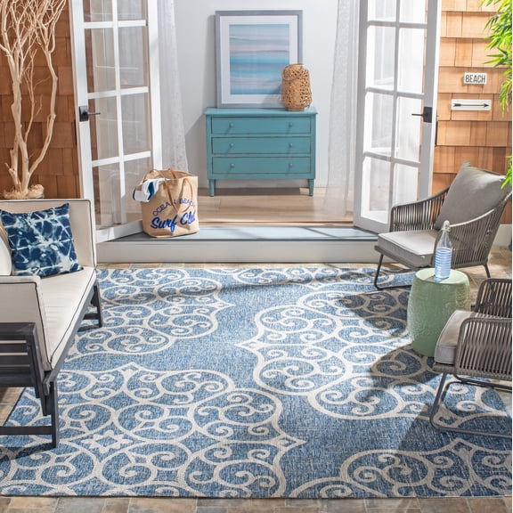 SAFAVIEH Courtyard Caylee Botanical Indoor/Outdoor Area Rug, Navy/Grey, 8' x 10'