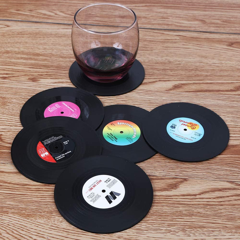 Frost Stainless Steel Flatware Set of 6 Drink Coasters Vinyl Record Retro Mats 