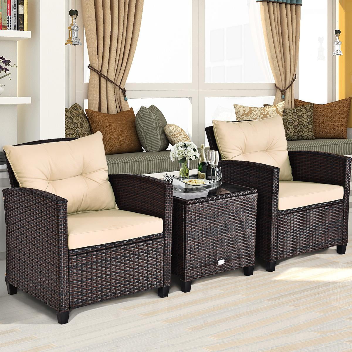 Giantex 3 Pieces Patio Furniture Set, PE Rattan Wicker 3 Pieces Outdoor Sofa Set with Washable Cushion and Tempered Glass Tabletop, Conversation Furniture for Garden Poolside Balcony (Brown)