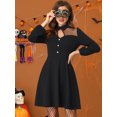 thumbnail image 3 of Vestido a media pierna con decoración de botones y cuello de punto con panel de malla para mujer Negro L, 3 of 5