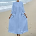 thumbnail image 7 of Women's Cotton Linen Dress Long Sleeve Crew Neck Smocked A Line Boho Flowy Maxi Dresses with Pockets Plus Size Blue S, 7 of 7