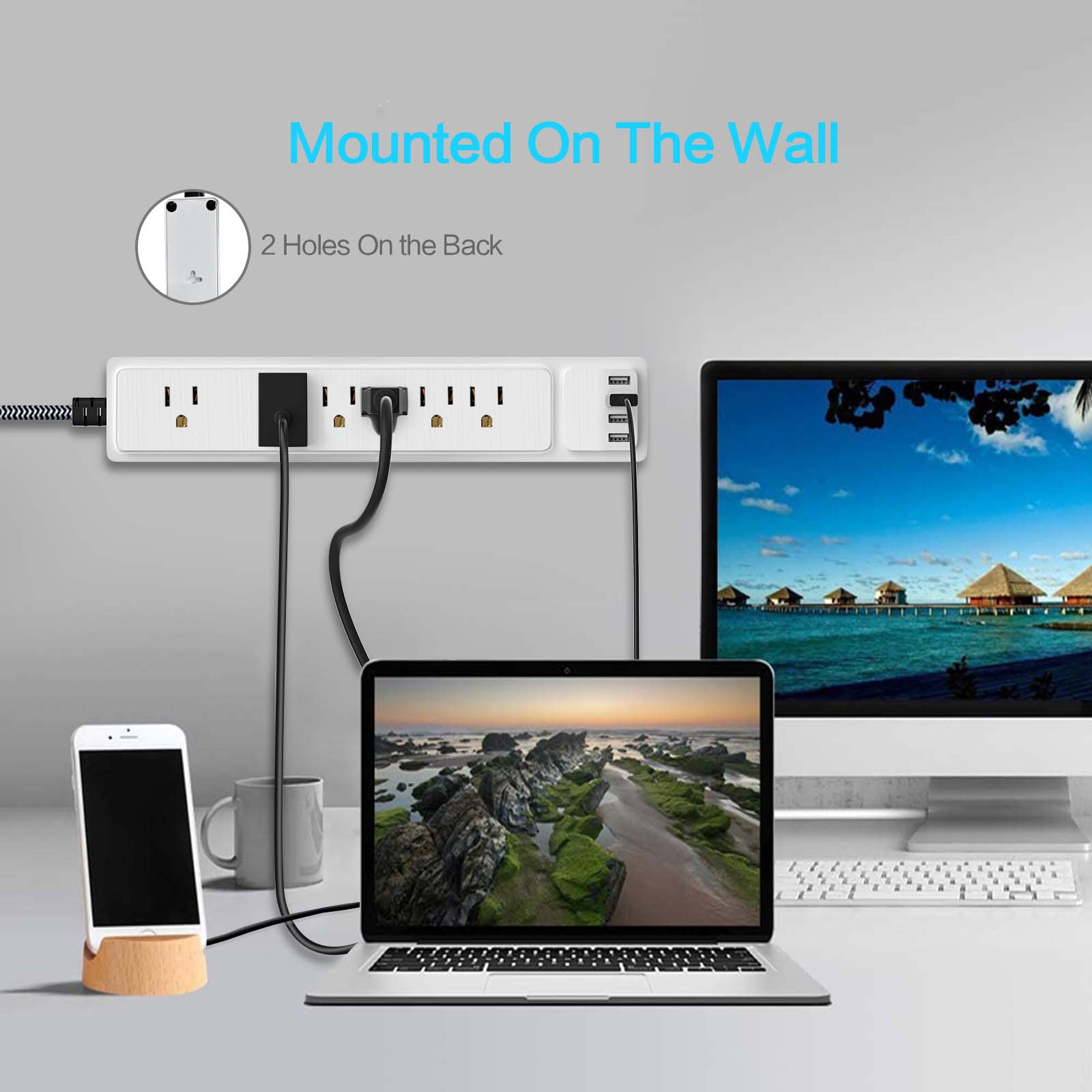 6 Outlet Surge Protector Power Strip with 4 USB Ports (900J), Wide Spacing, Wall Mountable, 1250W - Fireproof Safety