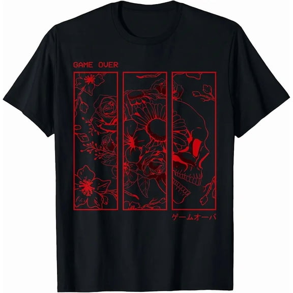 Men's Retro Aesthetic Japanese Skull Floral Game Over T-Shirt