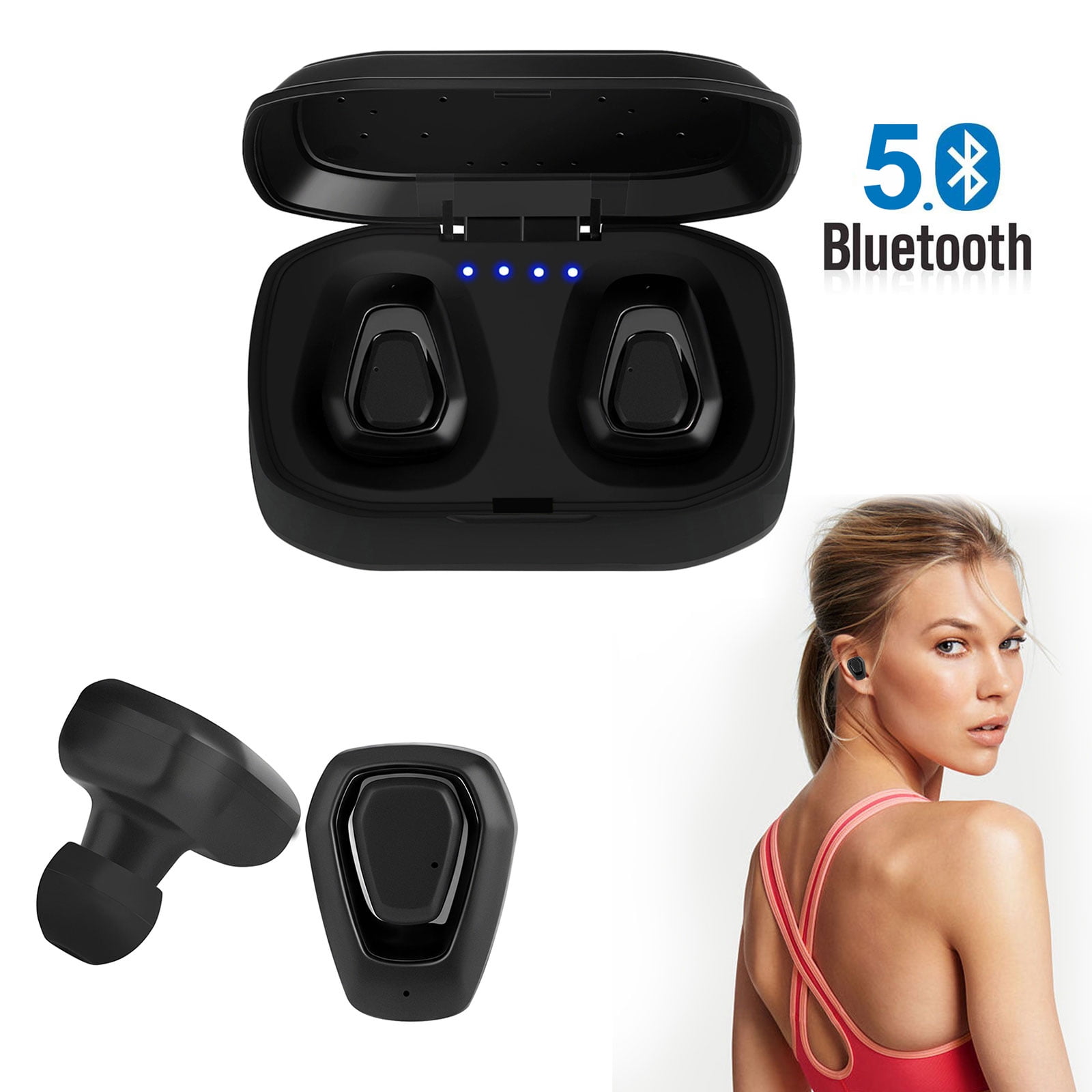 Bluetooth 5.0 Bass True Wireless Headphones, Sports Wireless Earbuds Earphones, Built-in Microphone for iPhone, Samsung, Android Phone