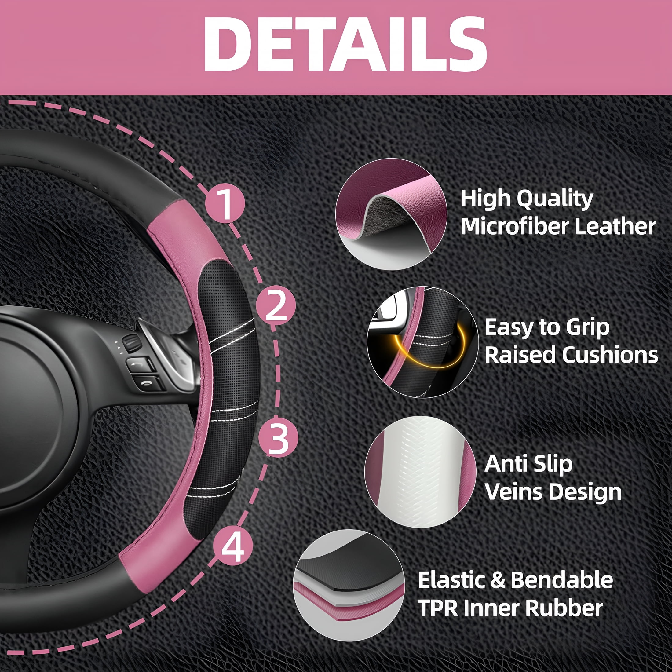 LADYGYM 2026 New 6 Pcs Pink Car Accessories Set,Sport Leather Steering Wheel Cover 14.5-15Inch Universal,Microfiber Leather Car Center Console Cover,Seat Belt Cushion,Cup Holder Coaster(Black-Pink)
