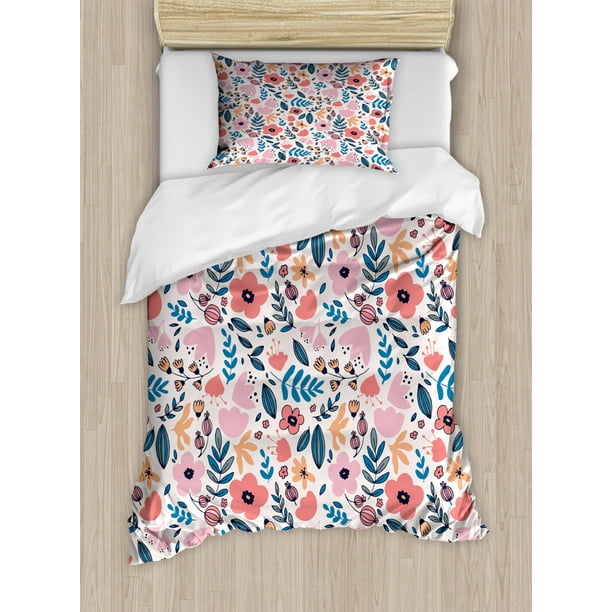 Wildflower Duvet Cover Set Twin Size, Colorful Love Themed Garden Art