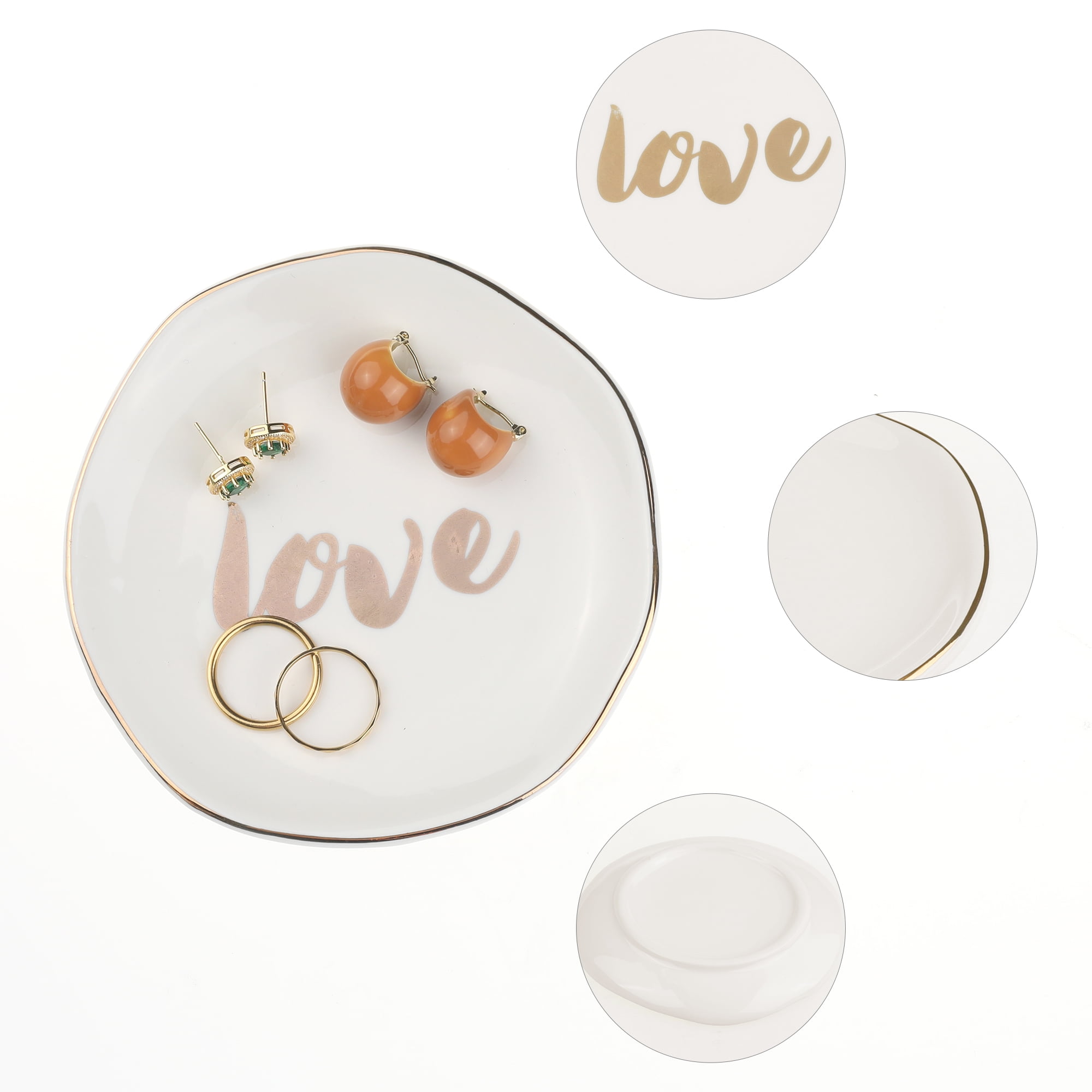 Unique Bargains Ceramic Jewelry Tray White Love Pattern 4.5*4.5*0.5 Inch