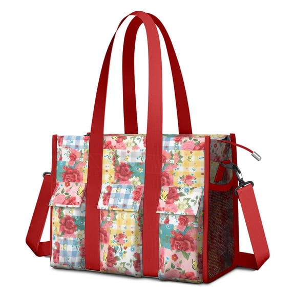 Teacher Tote Bag,Pioneer Flower Floral Print Pattern Teacher Utility Tote Bag,Large Work Tote Bags for Women with Multiple Pockets,Top Zipper Closure,13.8x10.6x6.7 Inch