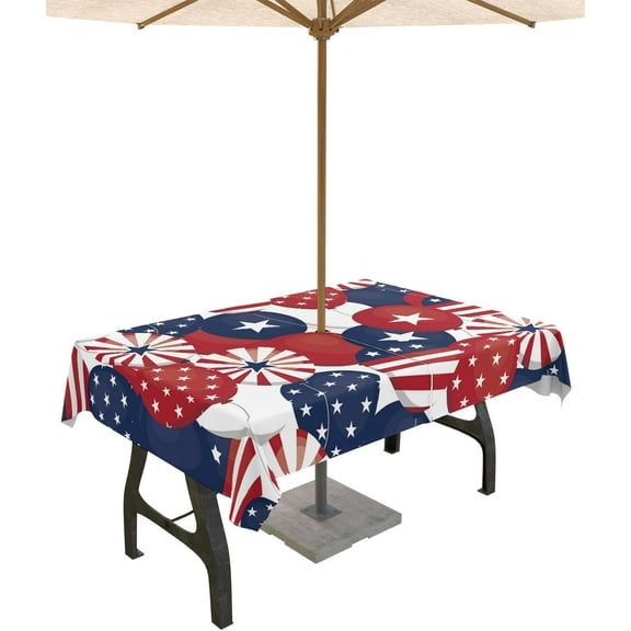 4th of July Tablecloth with Umbrella Hole and Zipper American Flags Balloon Outdoor Tablecloths 60x102 Table Cloths Patriotic Stars Blue Red Stripes Patio Table Cloth Cover for Independence Day Garden
