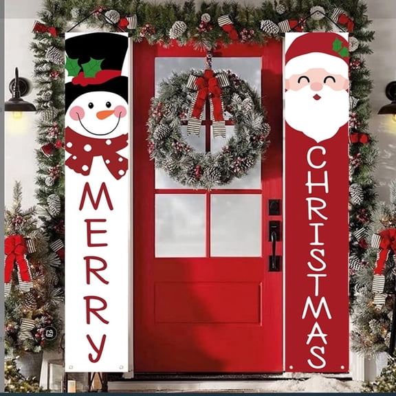 Christmas Decorations-Red White Santa Snowman Plaid Porch Sign Hanging Christmas Flag Banners Front Porch, Home Indoor Outdoor Garage, 71x12 inches