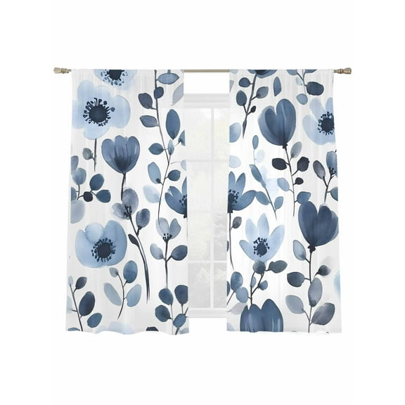 Blue Flower Sheer Curtains 72 Inch Long 2 Panels, Retro Spring Watercolor Floral Light Filtering Rod Pocket Semi Sheer Curtains, Sheer Voile Drapes for Living Room Bedroom, 52"x72"