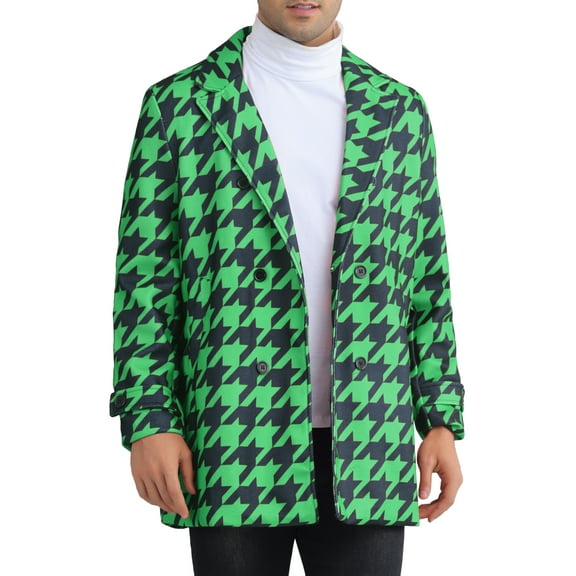 INSPIRE CHIC Houndstooth Trench Coat for Men's Double Breasted Plaid Pattern Winter Overcoat M Green