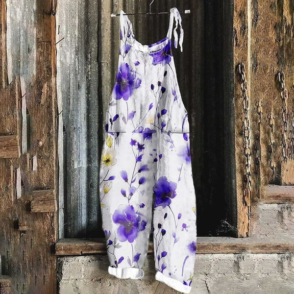 Women's Summer Jumpsuits Boho Wide Leg Overalls Casual Floral Print Rompers Beach Outfits with Pockets Purple M
