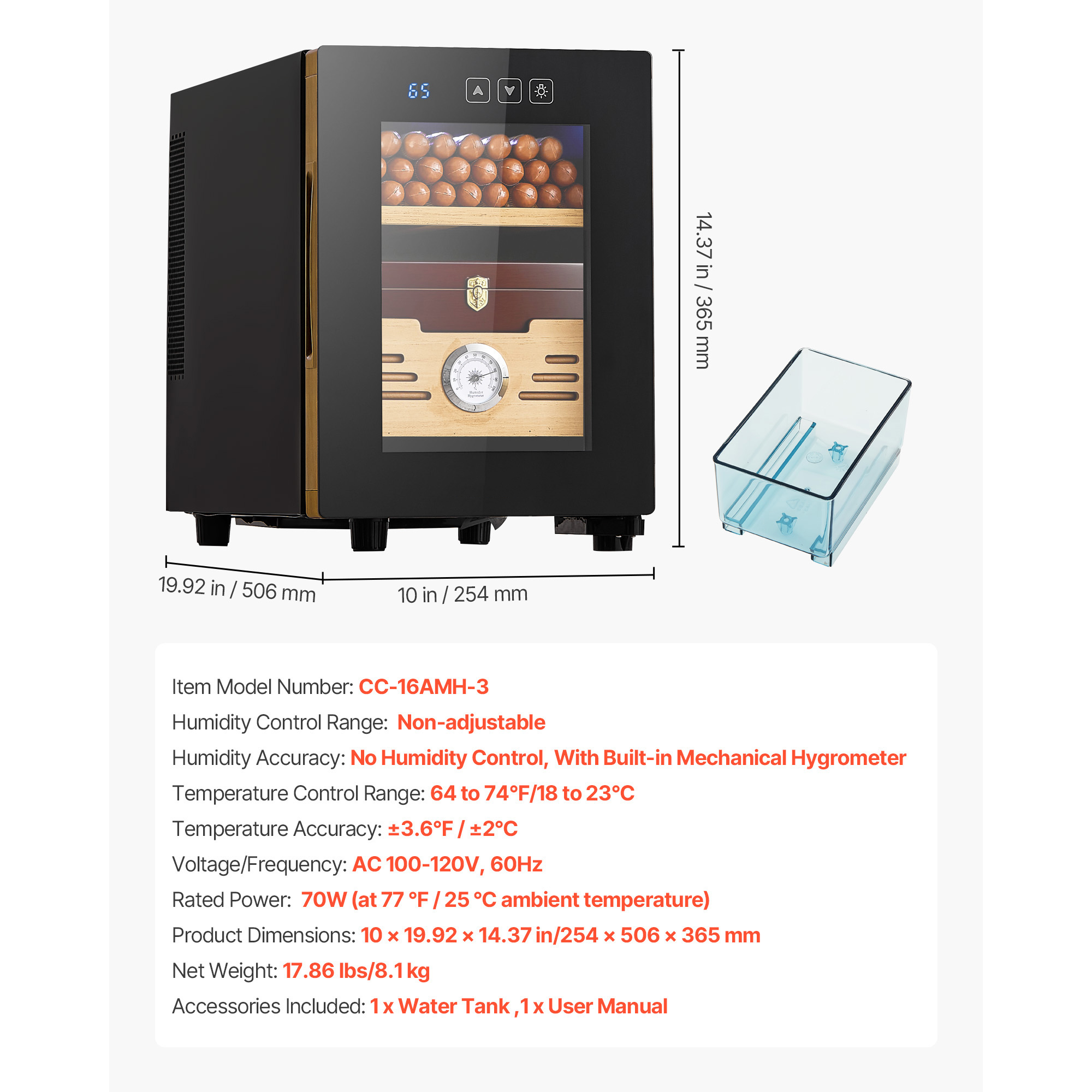 KFFKFF Electric Humidor Cabinet, 16L Capacity, Holds up to 100 Cigars, Features Cooling Temperature Control, Spanish Cedar Shelves and Drawers, Mechanical Hygrometer, Two-Tier Design